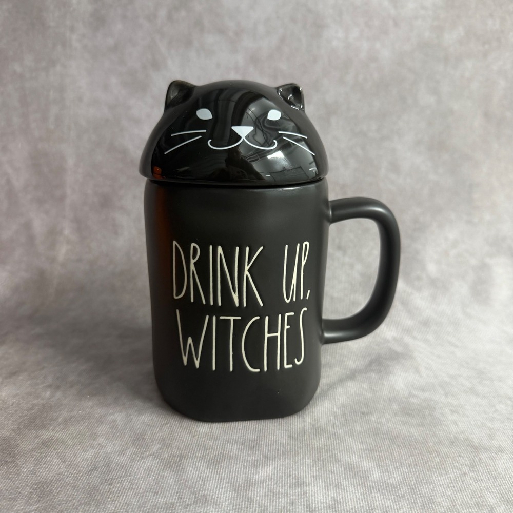 Rae Dunn Mug Black Drink Up Witches Cat Lid Halloween Purple Interior 16oz Cup